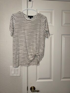 Karen Kane White Tee with Black Stripes and Side Knot